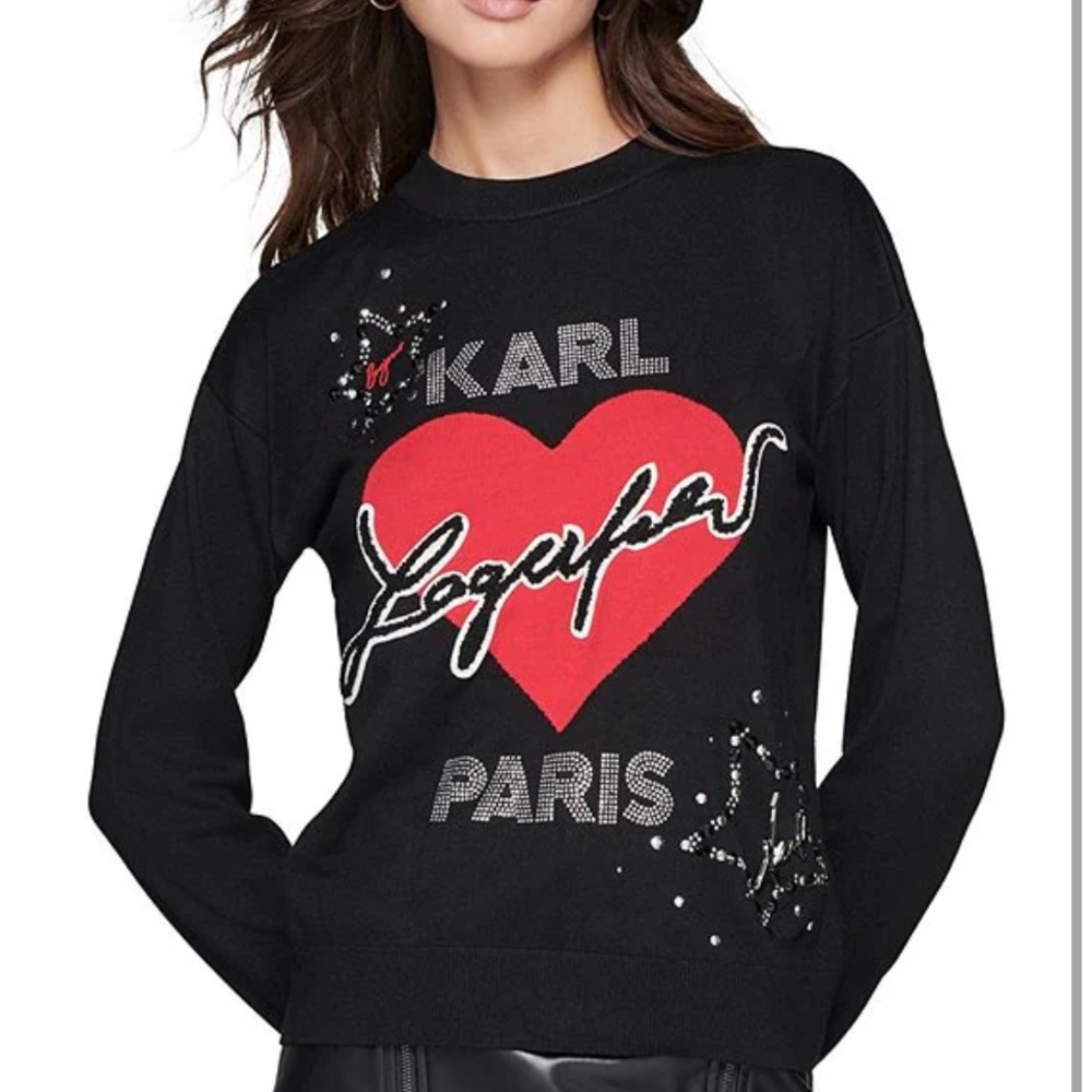 New Karl Lagerfeld Black Pullover with Red Heart and Star Accents size S, L